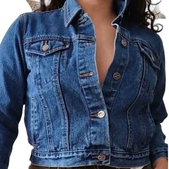 Vintage Cyber Y2K zana di Blue Denim Jean Jacket Boxy Crop Denim Coat Size Large - Picture 1 of 9